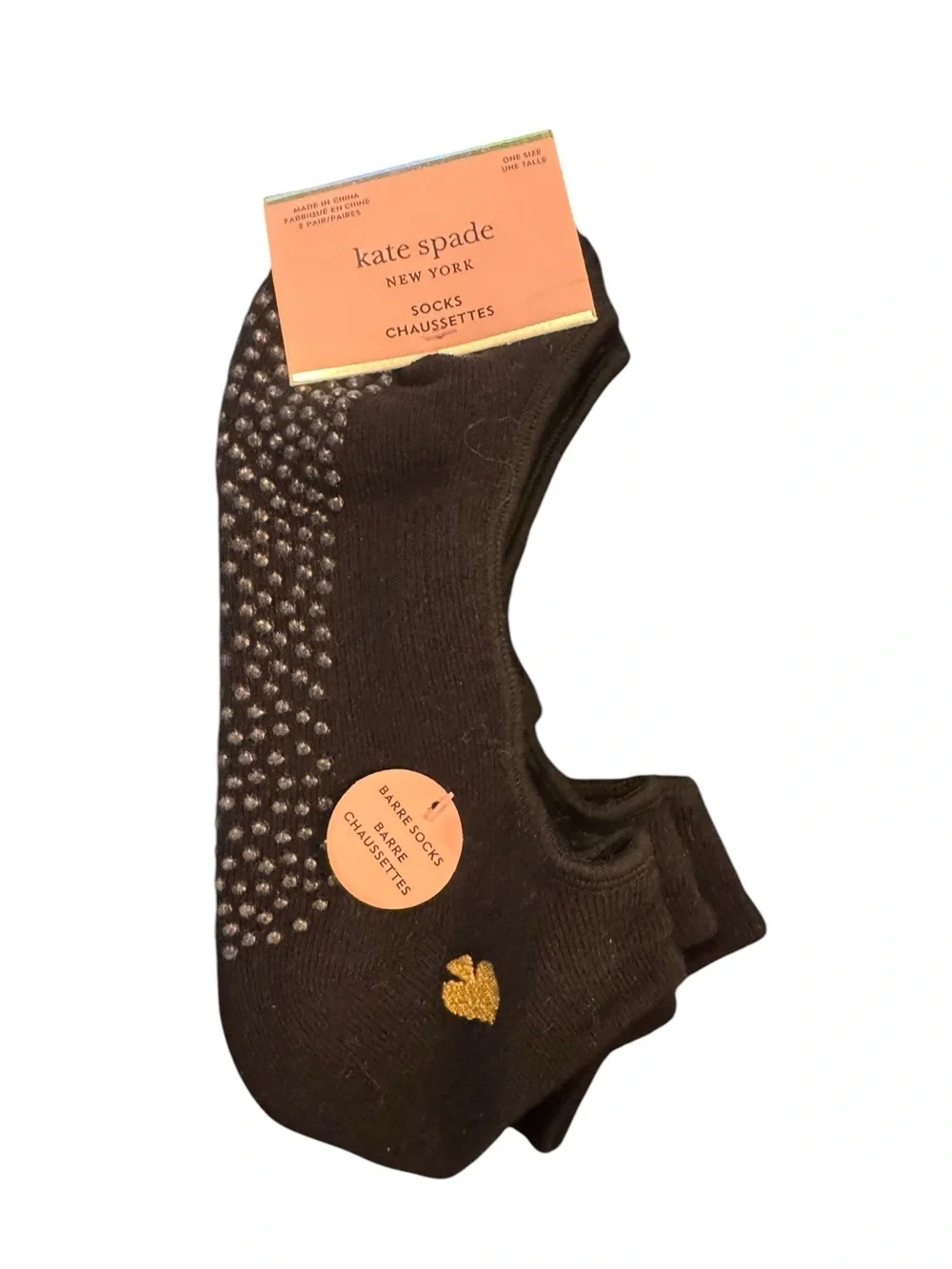 kate spade Black Barre Grip Black Socks with Gold Heart OSFM - 2 pairs